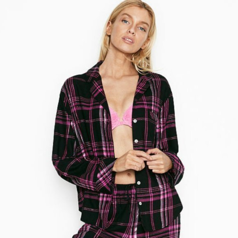 Victoria's Secret Medium M Pink Black Metallic Plaid Pajama Button Front Shirt